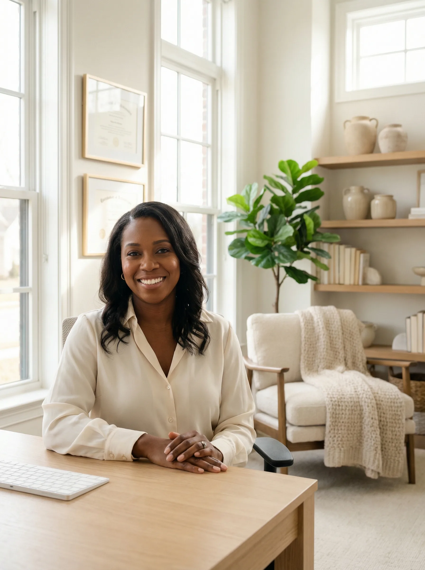 Care coordinator smiling at desk