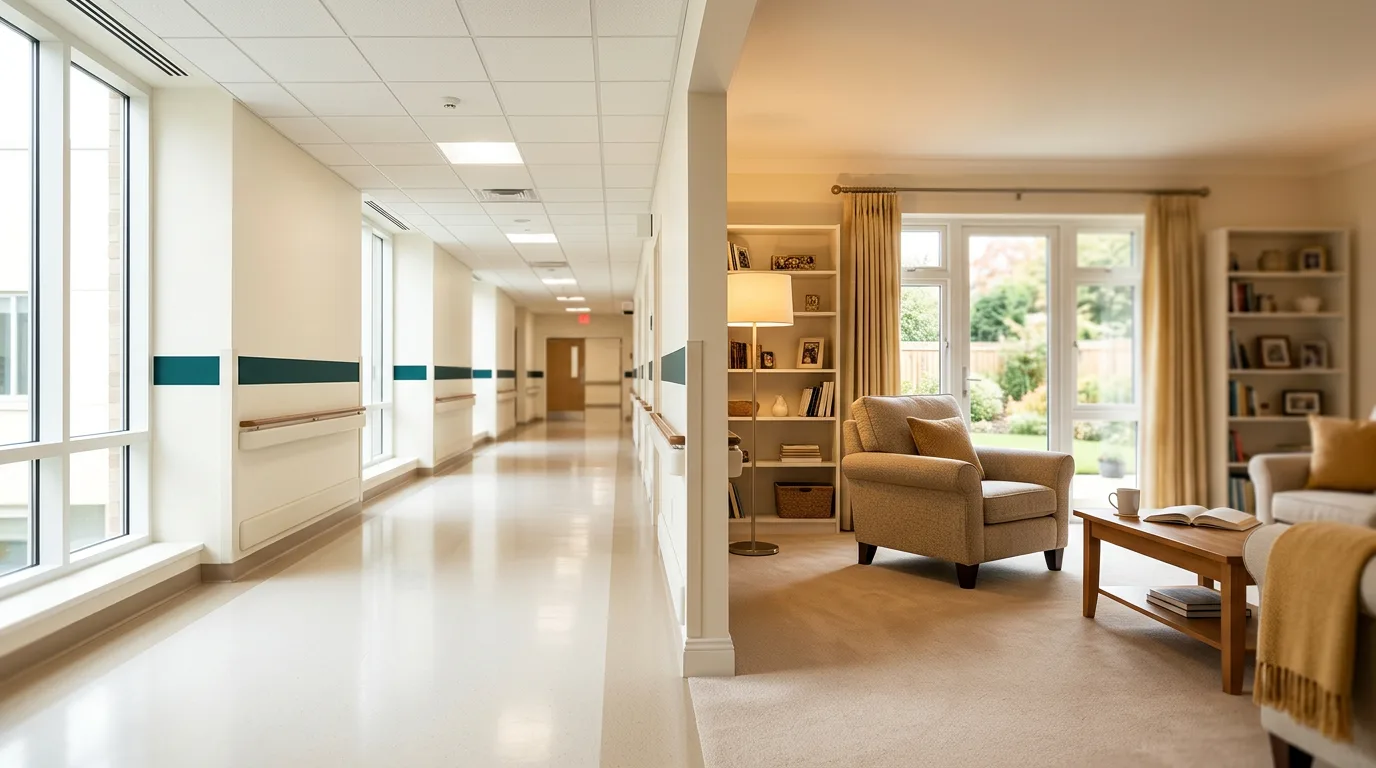 Bright hospital corridor transitioning into a warm home living room, representing hospital-to-home care transitions