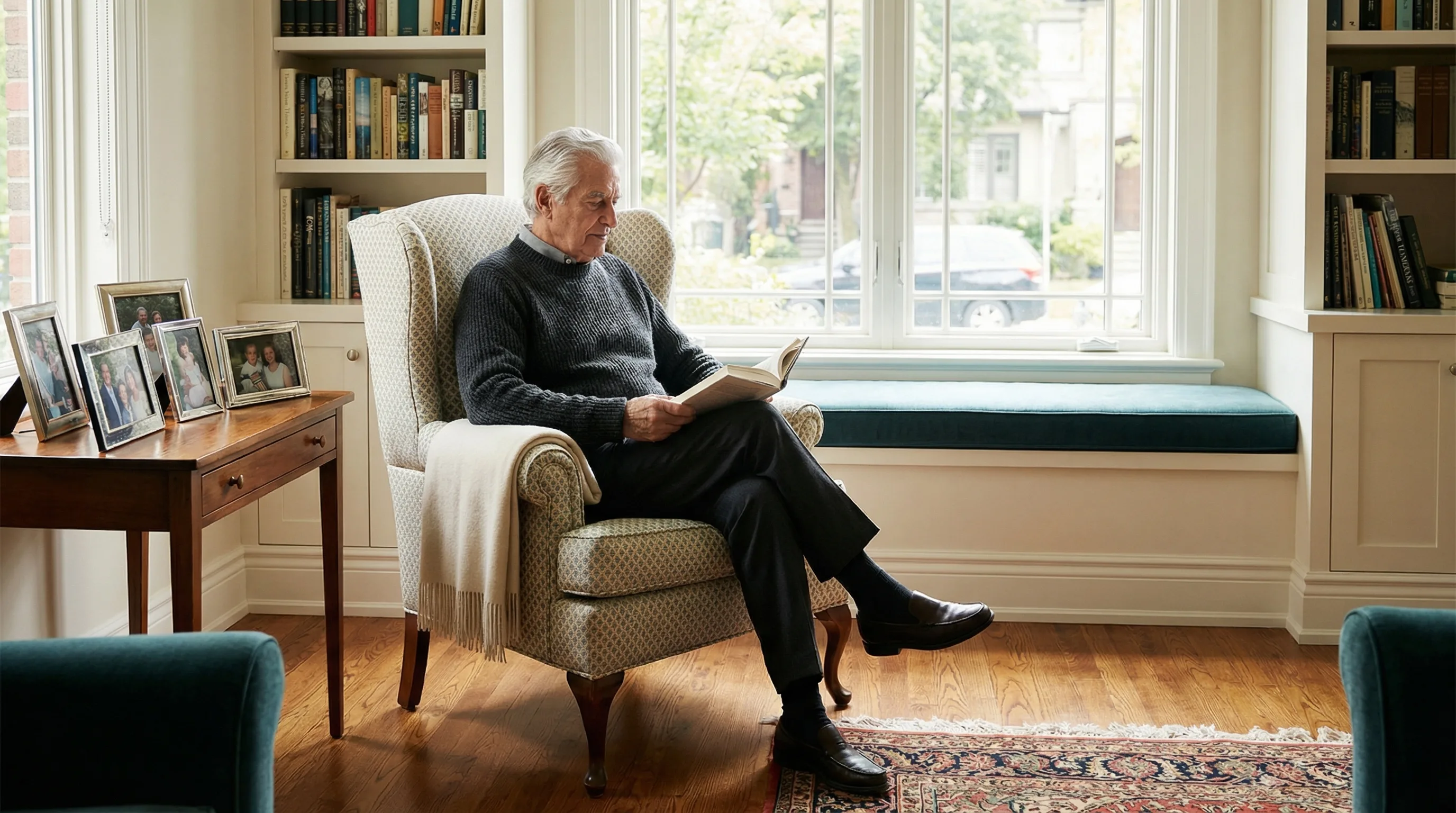 Elderly gentleman reading a book in a wingback chair in an elegant home library