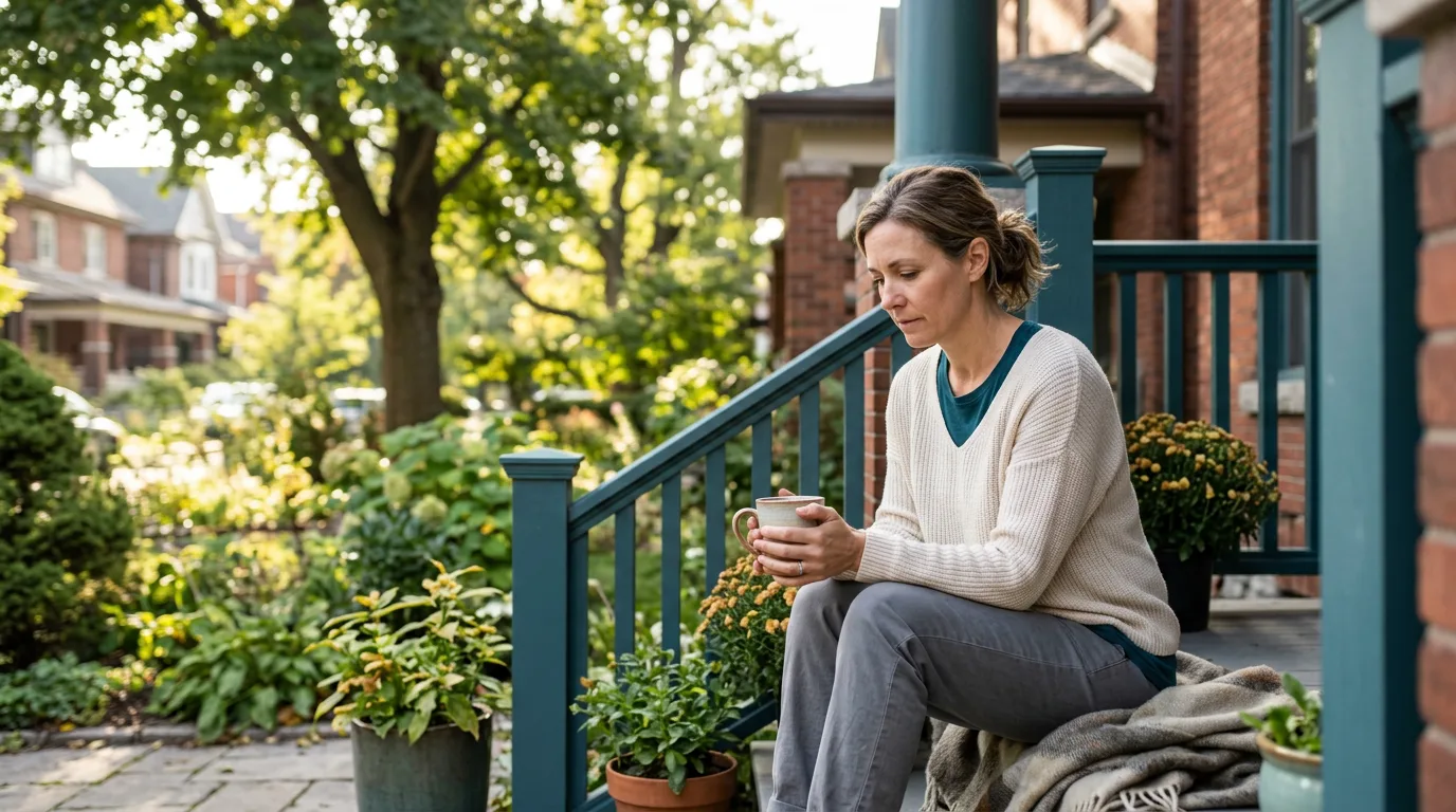 Adult daughter sitting alone on a porch step with a cup of tea, looking reflective