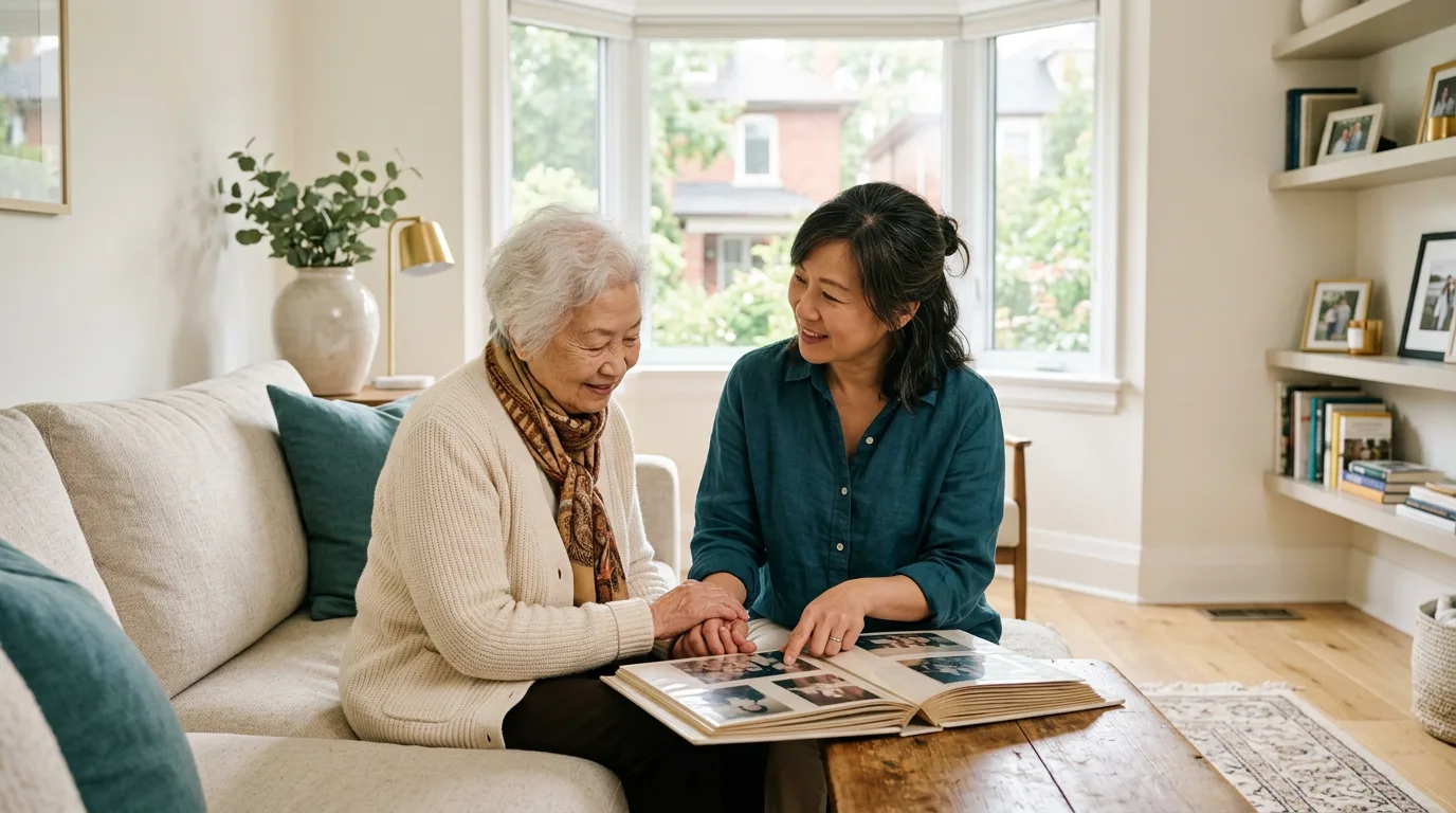 Elderly woman and her adult daughter looking through a family photo album together in a bright Toronto living room