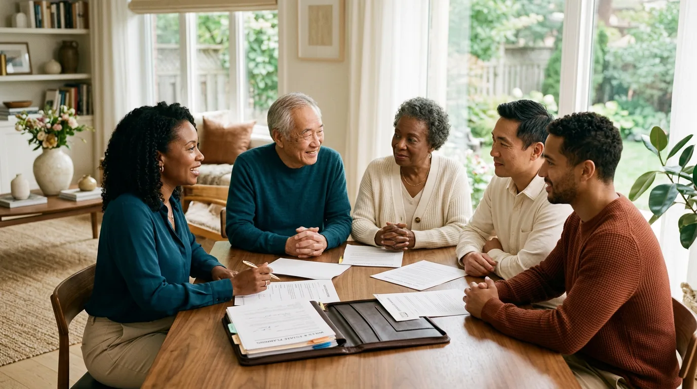 Multigenerational family sitting together at a dining table reviewing legal documents in a bright Toronto home