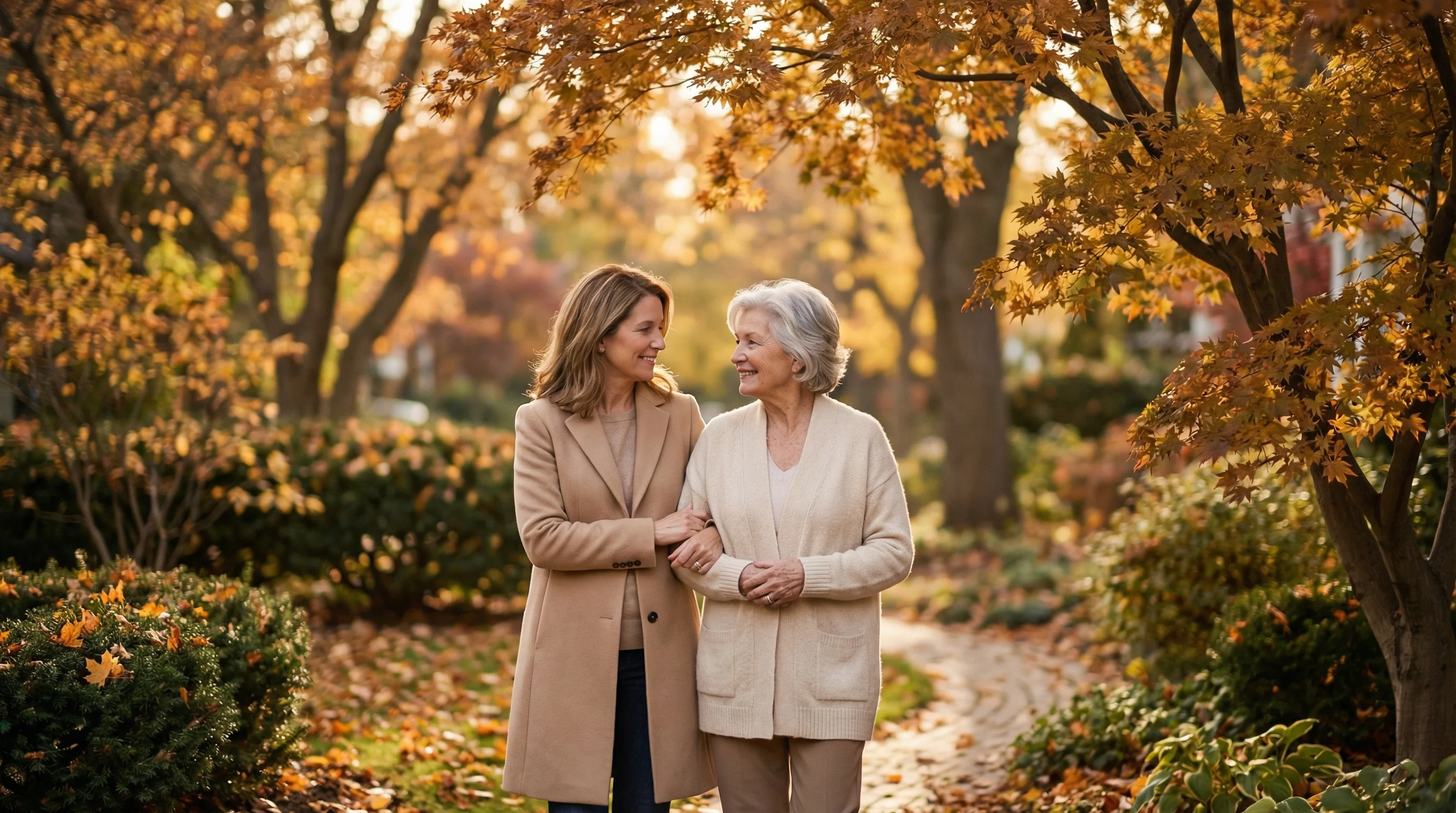 Daughter and elderly mother walking arm-in-arm through an autumn garden path